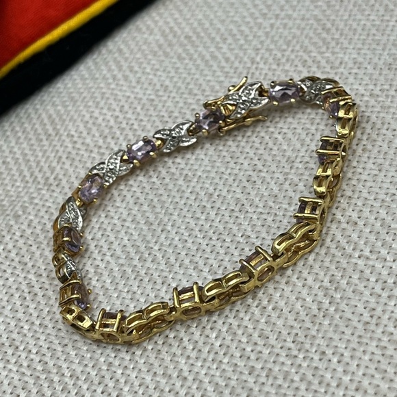 Vintage Gold Over Sterling Silver Bracelet – Amethyst & CZ Accents – 7.25” - Picture 4 of 17